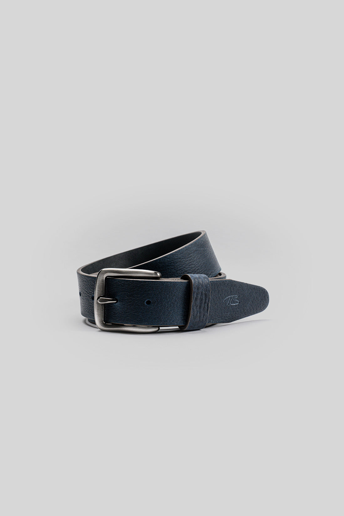 Dark blue leather belt with silver buckle and stitched detail on the end.