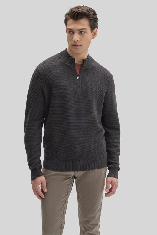 Man wearing charcoal gray quarter zip sweater with ribbed texture and beige pants.