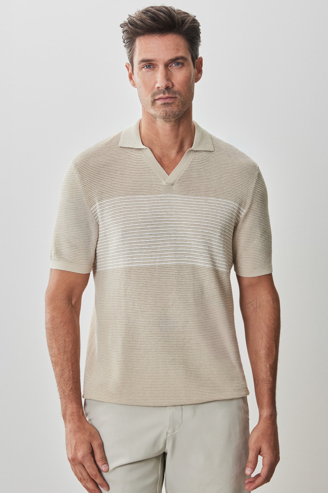 Robert Barakett Orion Open Collar Sweater Polo In Tan