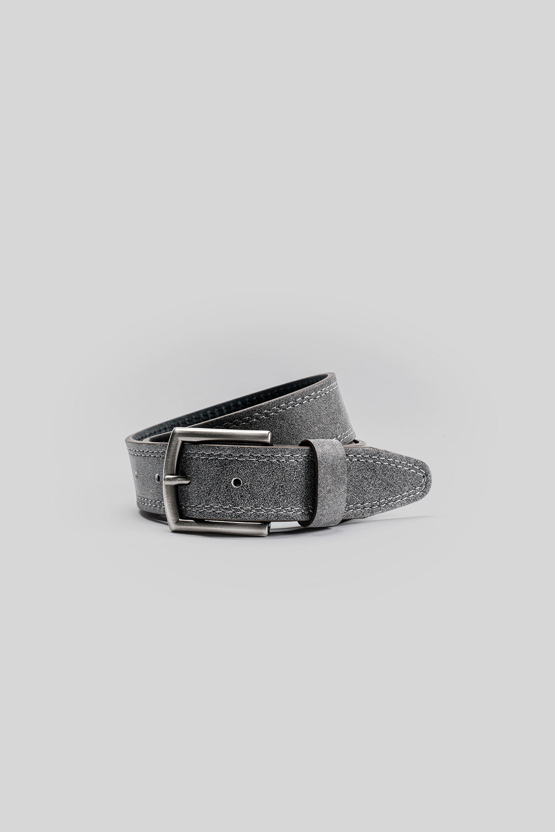 Dark gray textured leather belt with rectangular metal buckle and stitched detailing throughout.