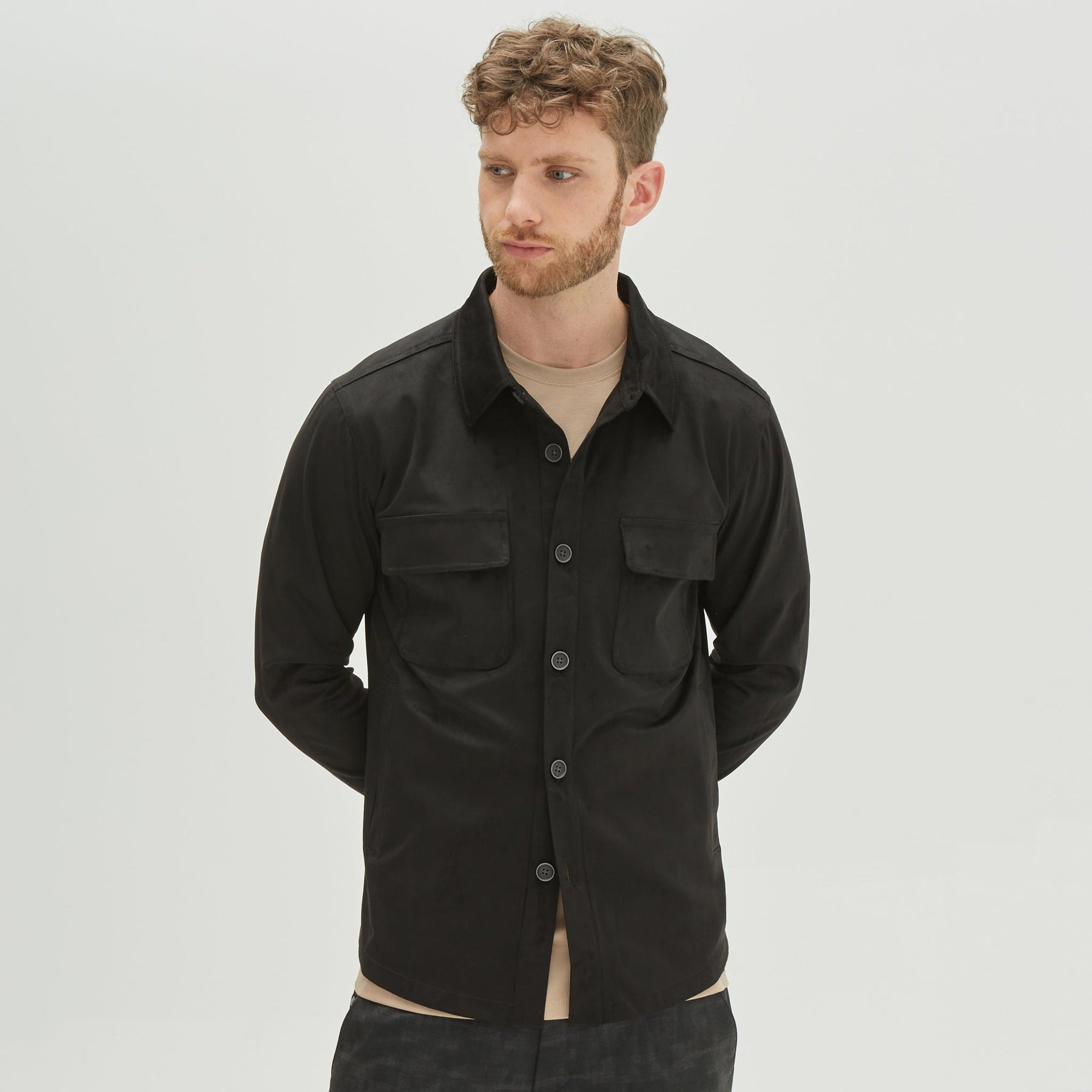Men's Microsuede Shirt Jacket in Black - Robert Barakett